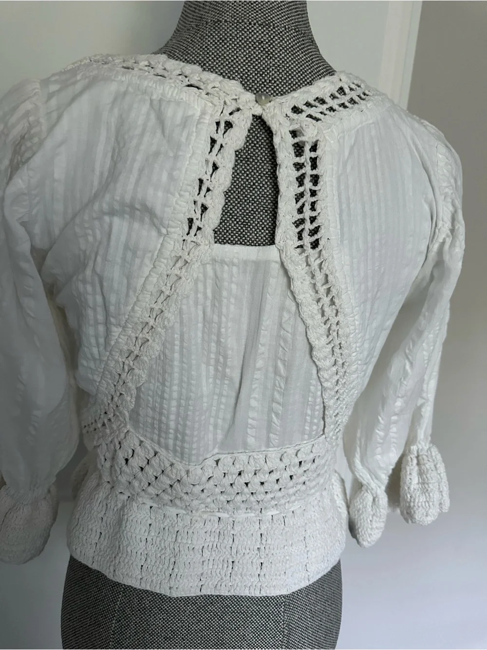 Free People Cream Crochet Tie-Waist Peplum Blouse,size XS